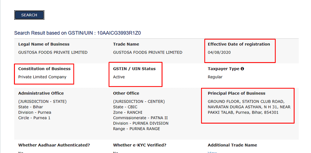GST verification result showing real makhana supplier Gustosa Foods Private Limited GST details and business address