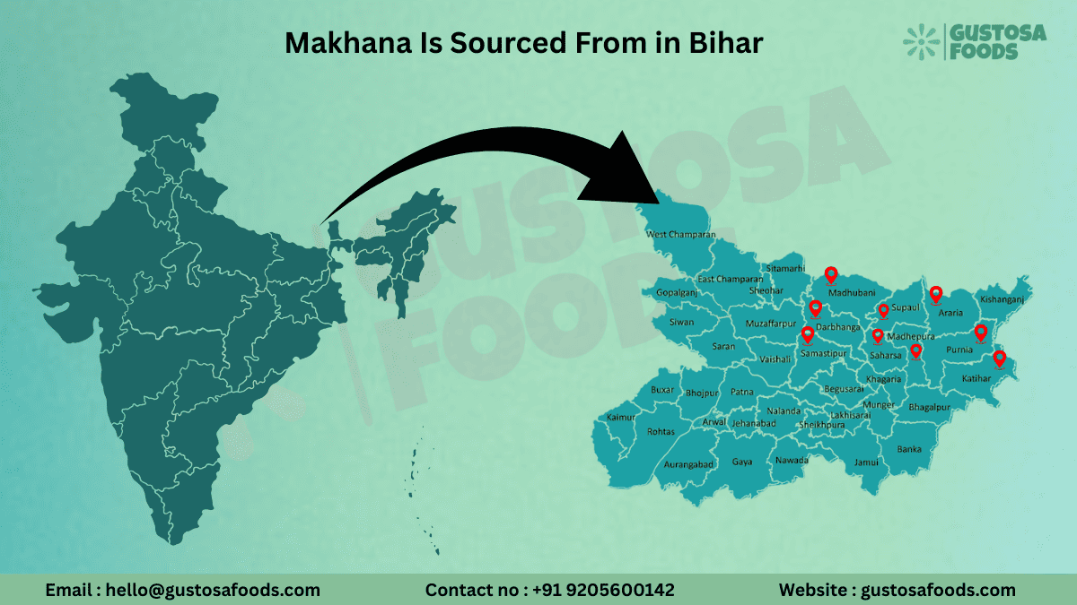 Where makhana is sourced from in India showing major regions and procurement hubs