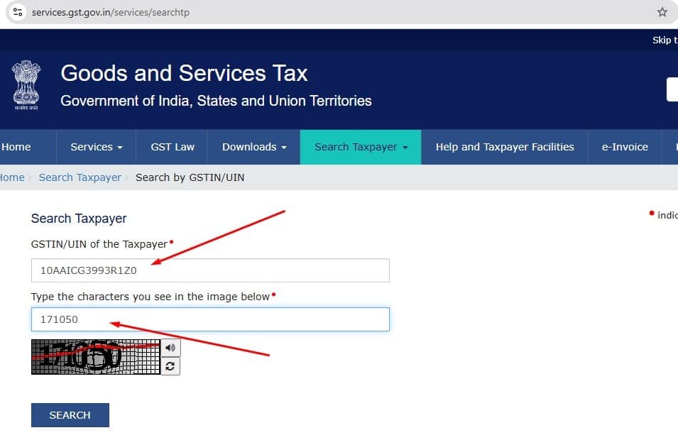GST portal search taxpayer page showing how to verify makhana supplier GST number